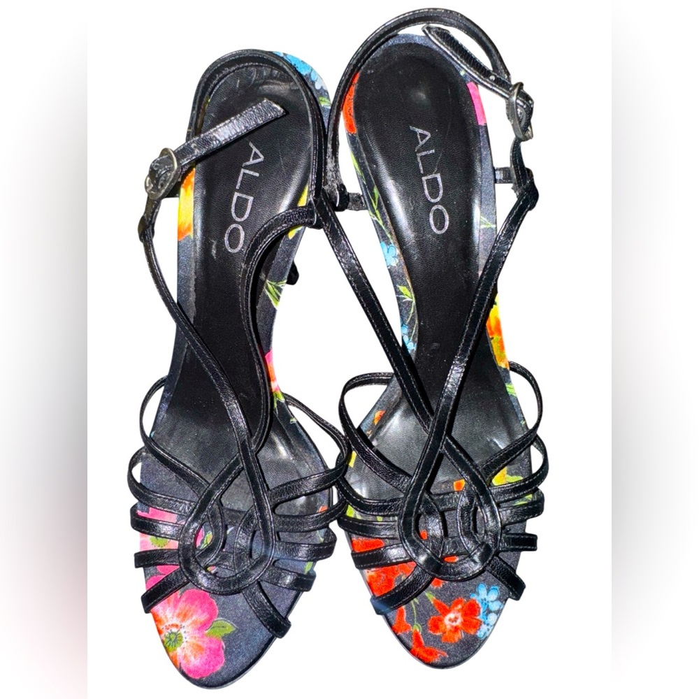 Aldo 8 Black Multi Colored Floral Strappy High Heels Stilettos Open Toe Dainty